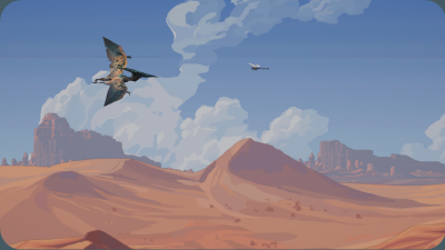A pterodactyl flies across a desert with mountain in the background